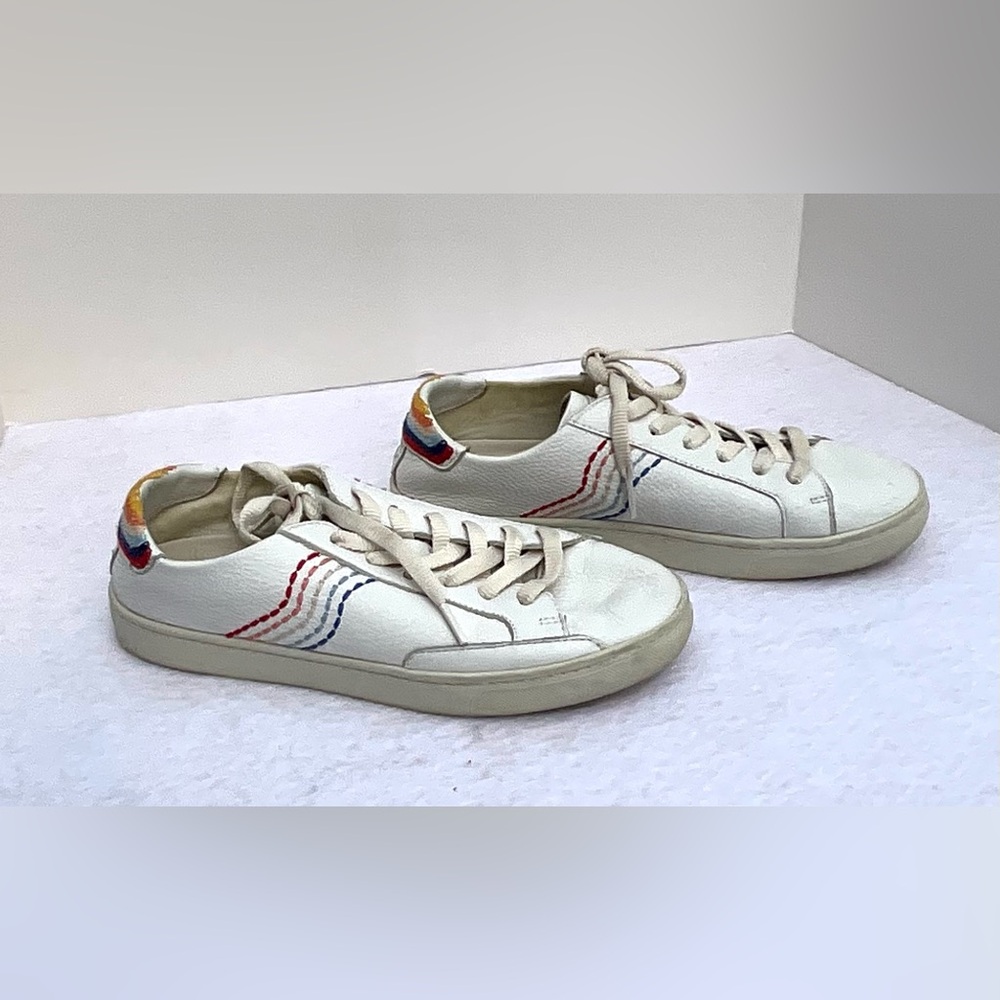 Soludos Leather Retro Rainbow Stripe Sneaker Athletic Shoes White Size 9